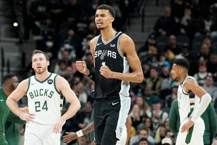 Jan 4, 2024; San Antonio, Texas, USA; San Antonio Spurs forward Victor Wembanyama (1) reacts during the first half against the Milwaukee Bucks at Frost Bank Center.